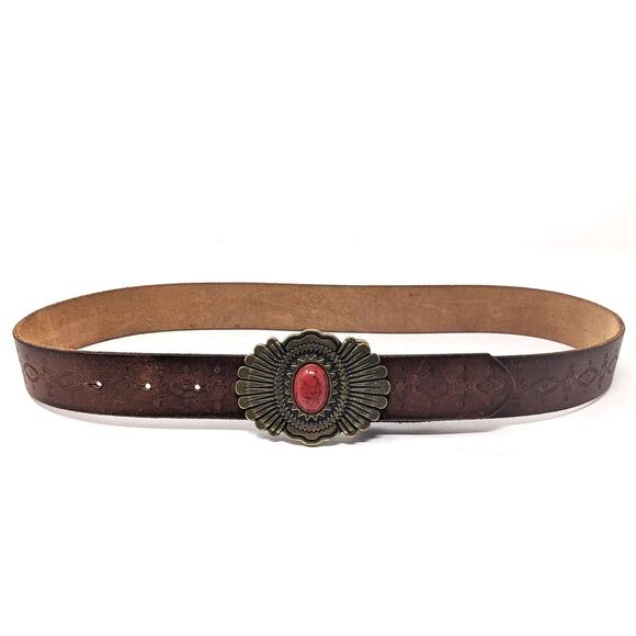 Lucky Brand Womens Belt Small Brown Leather Western Tooled Medallion Buckle - Picture 1 of 9